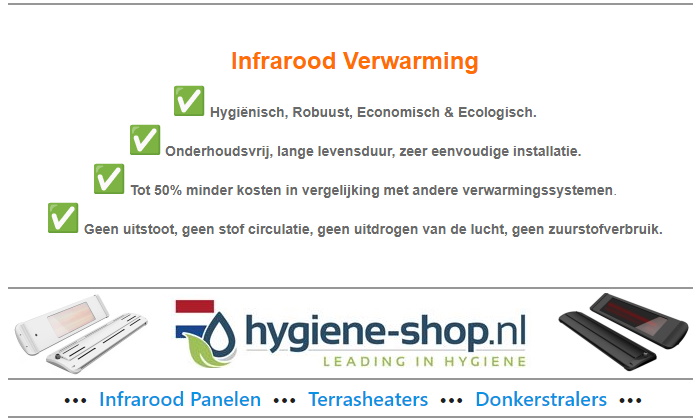 Infrarood Verwarming. Van Infrarood Panelen, Beste Terrasheaters tot aan Donkerstralers bij Hygiene-shop.nl