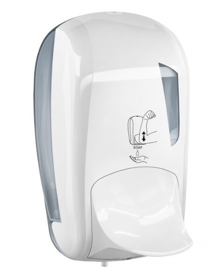Witte dispenser voor vloeibare zeep voor ziekenhuizen met ellebooghendel Capaciteit 1,0 L Marplast MP943